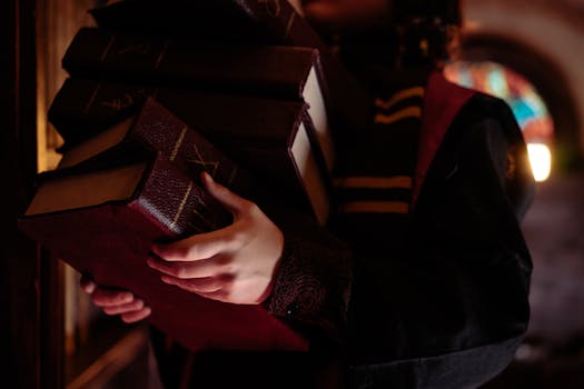 an ancient library filled with books and scrolls